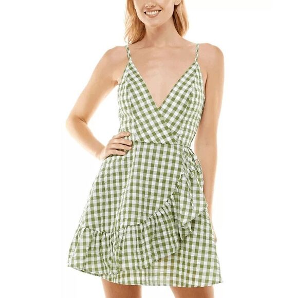 Juniors' Gingham Cotton Faux-Wrap Mini dress Size M - Picture 3 of 7